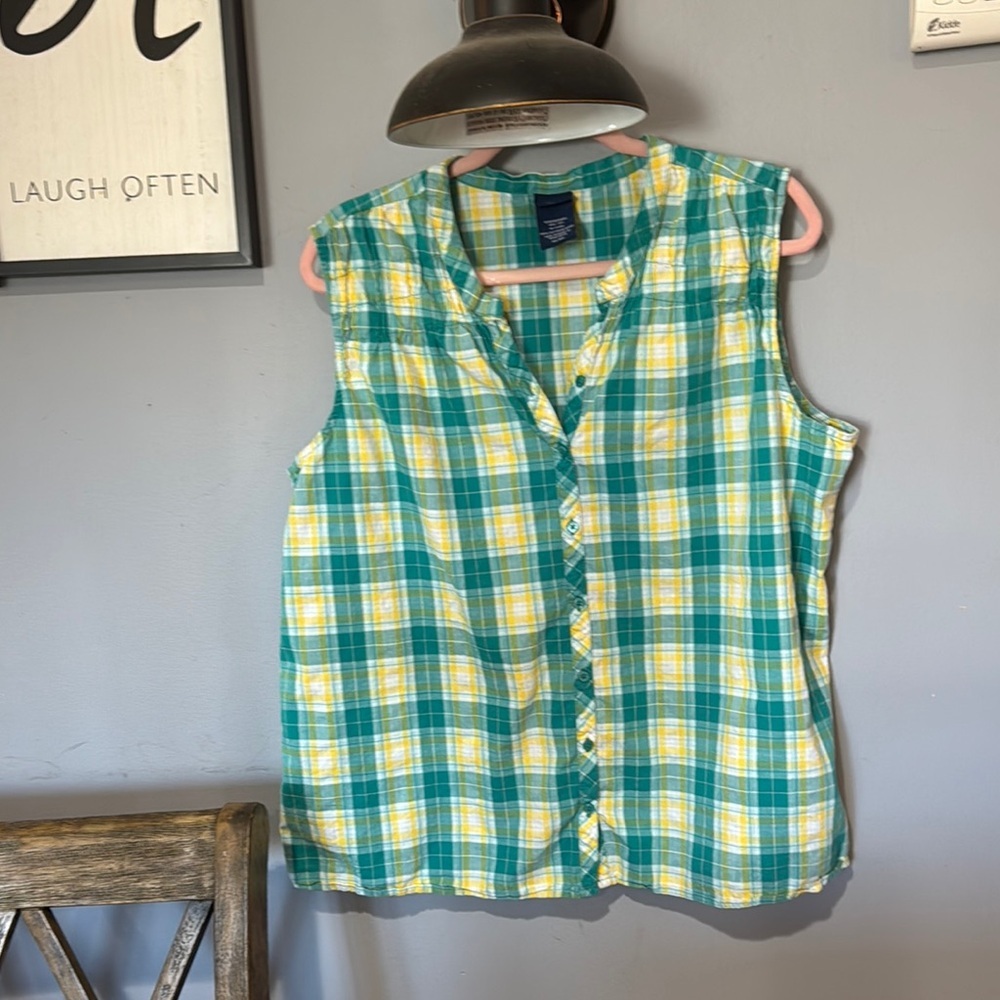 Basic Editions 100% Cotton Green and Yellow Plaid Top Size XXL